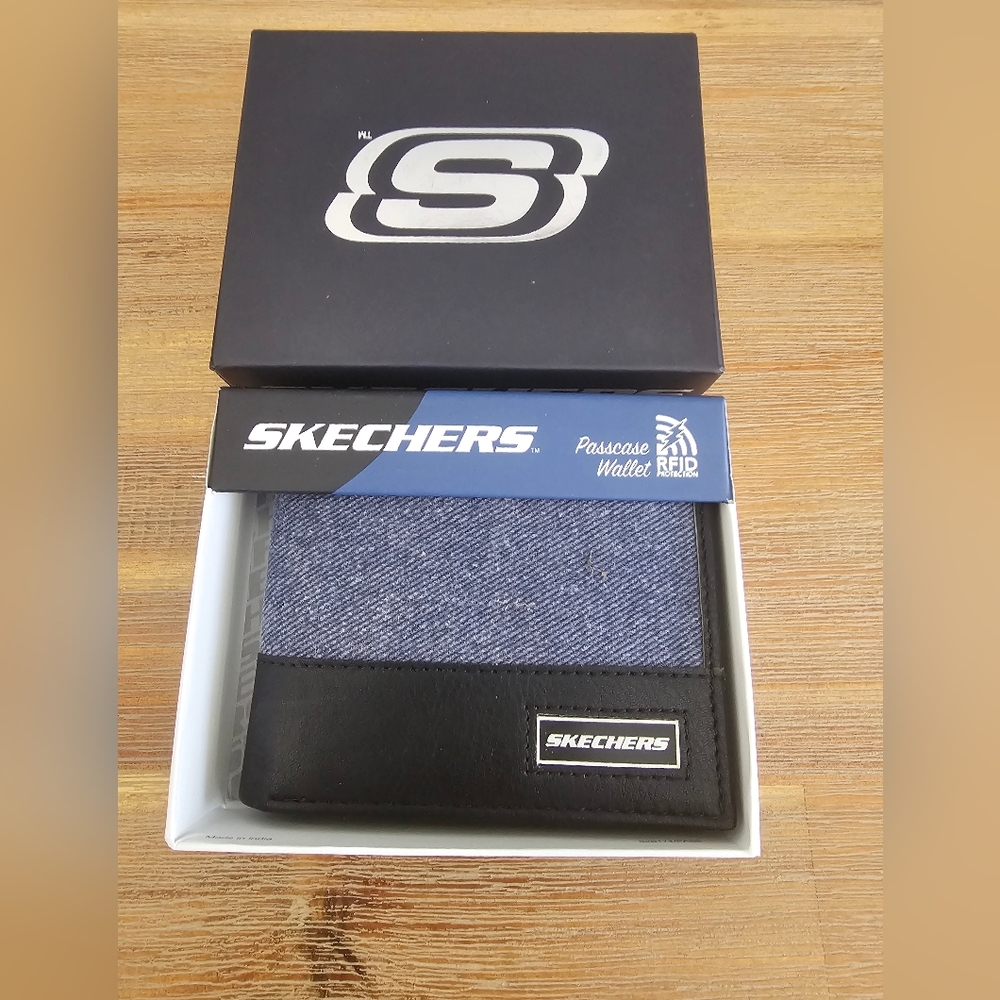 NEW SKECHERS Mens Denim & Leather Bi-Fold Wallet